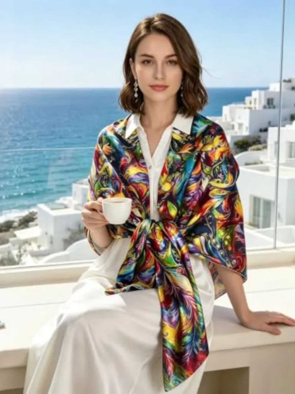 100% Mulberry Silk Neck Scarf Wrap Long Shawl Floral Print Multi-way Wear
